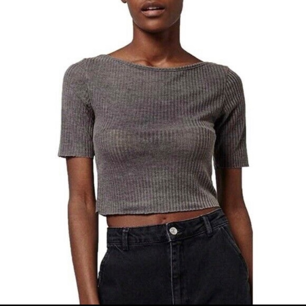 TopShop Grey Ribbed Raw Hem Crop Top